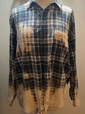 Upcycled Bleach-Effect Navy Plaid Button-Down Shirt